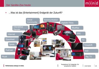 Das Internet der Dinge15.06.2010Perspektiven für Endgeräte: Ein synoptischer Ausblick18… Immer mehr (mobile) Endgeräte werden „Internet-fähig“Connected Home… Entertainment & Lifestyle als primäre Treiber für  „Vernetze CE “ 2. Ebene3. Ebene1. EbeneZentrale Steuer-EinheitWeiße WareVernetzung zur Steuerung von weißer Ware, koordiniert durch FernbedienungPhysische Vernetzungs-EbeneVernetzte CE-Geräte als Content-PlattformContent-VernetzungQuelle: Deloitte, 2009Quelle: Die Zukunft der digitalen CE 200915.06.201019Perspektiven für Endgeräte: Ein synoptischer Ausblick