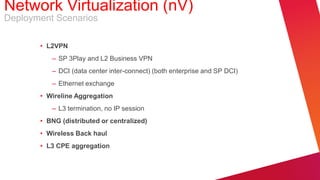 Network Virtualization (nV)
Deployment Scenarios

       • L2VPN
          – SP 3Play and L2 Business VPN
          – DCI (data center inter-connect) (both enterprise and SP DCI)
          – Ethernet exchange
       • Wireline Aggregation
          – L3 termination, no IP session
       • BNG (distributed or centralized)
       • Wireless Back haul
       • L3 CPE aggregation
 