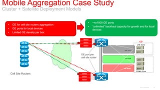 Mobile Aggregation Case Study
Cluster + Satellite Deployment Models

                                                       •   ~nx1000 GE ports
  •    GE for cell site routers aggregation
                                                       •   ―unlimited‖ backhaul capacity for growth and for local
  •    GE ports for local devices                          devices
  •    Limited GE density per box

                                                9000v
                                                9000v
                                                                                                     CO
                                                                                                   LTE Core
                                                9000v
                                                                                                   MME
                                                                                       VRF Voice
                                                                                                   SGW
                                              GE port per
                                              cell site router                         VRF RAN
                                                                                                    MSC

                                                                                                    RNC

                                                                                      VRF MGMT     Mgmt
                                                                                                   CDMA Core
      Cell Site Routers                        9000v
                                               9000v
                                               9000v



                                                                                                      Cisco Confidential   34
 