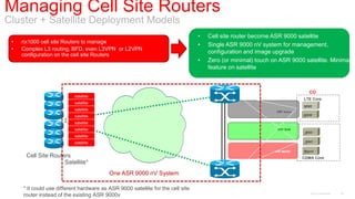 Managing Cell Site Routers
Cluster + Satellite Deployment Models
                                                                                 •   Cell site router become ASR 9000 satellite
 •   nx1000 cell site Routers to manage
                                                                                 •   Single ASR 9000 nV system for management,
 •   Complex L3 routing, BFD, even L3VPN or L2VPN
     configuration on the cell site Routers
                                                                                     configuration and image upgrade
                                                                                 •   Zero (or minimal) touch on ASR 9000 satellite. Minimal
                                                                                     feature on satellite



                                                                                                                             CO
                           satellite
                                                                                                                           LTE Core
                           satellite
                                                                                                                           MME
                           satellite                                                                           VRF Voice
                           satellite                                                                                       SGW

                           satellite
                           satellite                                                                           VRF RAN
                                                                                                                            MSC
                           satellite
                           satellite                                                                                        RNC

                                                                                                              VRF MGMT     Mgmt
      Cell Site Routers                                                                                                    CDMA Core
                     Satellite*
                                          One ASR 9000 nV System

     * It could use different hardware as ASR 9000 satellite for the cell site
                                                                                                                              Cisco Confidential   36
     router instead of the existing ASR 9000v
 