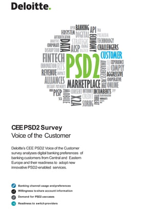 CEEPSD2Survey
Voice of the Customer
Deloitte’s CEE PSD2 Voice of the Customer
survey analyses digital banking preferences of
banking customers from Central and Eastern
Europe and their readiness to adopt new
innovative PSD2-enabled services.
Banking channel usage andpreferences
Willingness toshare account information
Demand for PSD2 usecases
Readiness to switchproviders
 