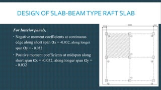 DESIGN OF SLAB-BEAMTYPE RAFT SLAB
For Interior panels,
 Negative moment coefficients at continuous
edge along short span αx = -0.032, along longer
span αy = - 0.032
 Positive moment coefficients at midspan along
short span αx = -0.032, along longer span αy =
- 0.032
 