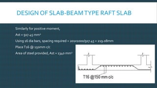 DESIGN OF SLAB-BEAMTYPE RAFT SLAB
Similarly for positive moment,
Ast = 917.45 mm2
Using 16 dia bars, spacing required = 201x1000/917.45 = 219.08mm
PlaceT16 @ 150mm c/c
Area of steel provided, Ast = 1340 mm2
 