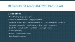 DESIGN OF SLAB-BEAMTYPE RAFT SLAB
Design of FB1
 Area of loading = (0.5x3x3)x2 = 9 m2
 Loading on the beam, w = 122.45x9/3 = 367.35kN/m
 Moment at supports, Mu = 1.5xwl2 / 10 = 1.5 x 367.35 x 32 /10 = 495.92 kN-m (Table-12)
 Moment at mid span, Mu = 1.5xwl2 / 12 = 1.5 x 367.35 x 32 /12 = 413.27 kN-m
 Depth of the beam, d min, Mu = 0.138fckbd2 , assuming b = 400mm
 d min = 670.22 mm,
 Adopt d = 720 mm, cover = 30mm
 Over all depth D = 750mm
 