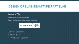 DESIGN OF SLAB-BEAMTYPE RAFT SLAB
Design of FB1
Mu lim will be greater than Mu
Beam can be designed as singly reinforced
Ast reqd = 2322.17 mm2
 Provide 8-T20
 Ast Provided = 2512mm2
 