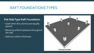 RAFT FOUNDATIONSTYPES
Flat SlabType Raft Foundation
 Used when the columns are equally
spaced
 Meaning uniform pressure throughout
the slab.
 Slab has uniform thickness
 