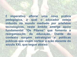 É  imperativo aflorar uma nova pr á tica pedag ó gica, a qual o educador esteja imbu í do no mundo mediado por artefatos tecnol ó gicos, neste âmbito emerge apoio fundamental  “ Os Pilares ”  que fomenta a reorganiza ç ão da educa ç ão. Diante do contexto surgem estrat é gias e pol í ticas p ú blicas que visam nortear a a ç ão docente do s é culo XXI, que segue abaixo: 