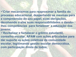 Criar mecanismos para reaproximar a fam í lia do processo educacional, despertando as mesmas para a compreensão do seu papel, suas obriga ç ões, devolvendo a elas suas responsabilidades e dando-lhes competências    para fortalecer    a educa ç ão dos jovens; Revitalizar e fortalecer o grêmio estudantil, conselho escolar, APAM com a ç ões articuladas para dar suporte  à s a ç ões coletivas da comunidade escolar, legitimando gestão escolar democr á tica, com participa ç ão direta de todos; 