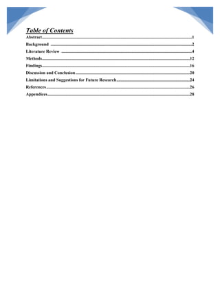 Table of Contents
Abstract...........................................................................................................................................1
Background ...................................................................................................................................2
Literature Review .........................................................................................................................4
Methods.........................................................................................................................................12
Findings.........................................................................................................................................16
Discussion and Conclusion..........................................................................................................20
Limitations and Suggestions for Future Research....................................................................24
References.....................................................................................................................................26
Appendices....................................................................................................................................28
 