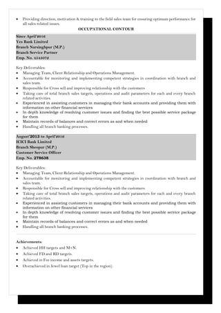 • Providing direction, motivation & training to the field sales team for ensuring optimum performance for
all sales related issues.
OCCUPATIONAL CONTOUR
Since April’2016
Yes Bank Limited
Branch Narsinghpur (M.P.)
Branch Service Partner
Emp. No. 4545072
Key Deliverables:
• Managing Team, Client Relationship and Operations Management.
• Accountable for monitoring and implementing competent strategies in coordination with branch and
sales team.
• Responsible for Cross sell and improving relationship with the customers
• Taking care of total branch sales targets, operations and audit parameters for each and every branch
related activities.
• Experienced in assisting customers in managing their bank accounts and providing them with
information on other financial services
• In depth knowledge of resolving customer issues and finding the best possible service package
for them
• Maintain records of balances and correct errors as and when needed
• Handling all branch banking processes.
August’2013 to April’2016
ICICI Bank Limited
Branch Sheopur (M.P.)
Customer Service Officer
Emp. No. 278638
Key Deliverables:
• Managing Team, Client Relationship and Operations Management.
• Accountable for monitoring and implementing competent strategies in coordination with branch and
sales team.
• Responsible for Cross sell and improving relationship with the customers
• Taking care of total branch sales targets, operations and audit parameters for each and every branch
related activities.
• Experienced in assisting customers in managing their bank accounts and providing them with
information on other financial services
• In depth knowledge of resolving customer issues and finding the best possible service package
for them
• Maintain records of balances and correct errors as and when needed
• Handling all branch banking processes.
Achievements:
• Achieved HH targets and M+N.
• Achieved FD and RD targets.
• Achieved in Fee income and assets targets.
• Overachieved in Jewel loan target (Top in the region).
 
