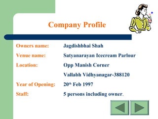 Company Profile
Owners name: Jagdishbhai Shah
Venue name: Satyanarayan Icecream Parlour
Location: Opp Manish Corner
Vallabh Vidhyanagar-388120
Year of Opening: 20th
Feb 1997
Staff: 5 persons including owner.
 