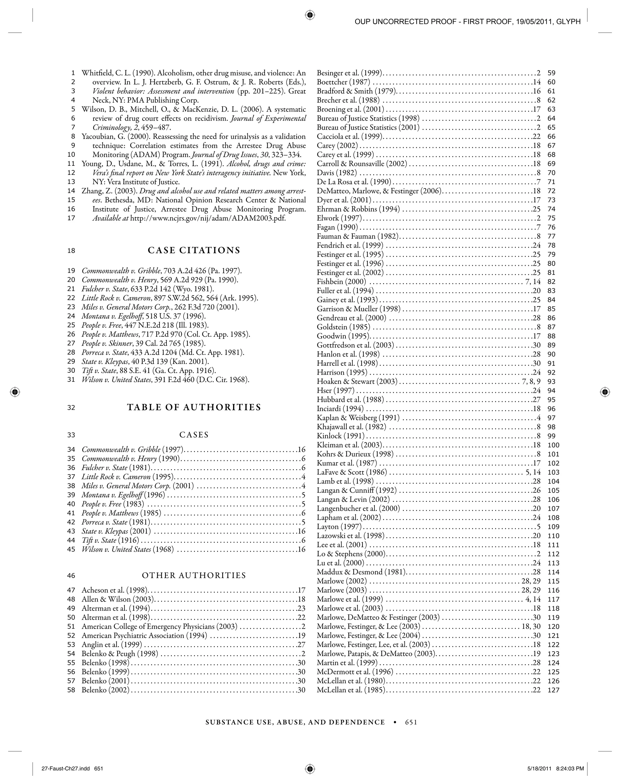 SUBSTANCE USE, ABUSE, AND DEPENDENCE • 651
127
126
125
124
123
122
121
120
119
118
117
116
115
114
113
112
111
110
109
108
107
106
105
104
103
102
101
100
99
98
97
96
95
94
93
92
91
90
89
88
87
86
85
84
83
82
81
80
79
78
77
76
75
74
73
72
71
70
69
68
67
66
65
64
63
62
61
60
59
58
57
56
55
54
53
52
51
50
49
48
47
46
45
44
43
42
41
40
39
38
37
36
35
34
33
32
31
30
29
28
27
26
25
24
23
22
21
20
19
18
17
16
15
14
13
12
11
10
9
8
7
6
5
4
3
2
1 Whitfield, C. L. (1990). Alcoholism, other drug misuse, and violence: An
overview. In L. J. Hertzberb, G. F. Ostrum, & J. R. Roberts (Eds.),
Violent behavior: Assessment and intervention (pp. 201–225). Great
Neck, NY: PMA Publishing Corp.
Wilson, D. B., Mitchell, O., & MacKenzie, D. L. (2006). A systematic
review of drug court effects on recidivism. Journal of Experimental
Criminology, 2, 459–487.
Yacoubian, G. (2000). Reassessing the need for urinalysis as a validation
technique: Correlation estimates from the Arrestee Drug Abuse
Monitoring (ADAM) Program. Journal of Drug Issues, 30, 323–334.
Young, D., Usdane, M., & Torres, L. (1991). Alcohol, drugs and crime:
Vera’s final report on New York State’s interagency initiative. New York,
NY: Vera Institute of Justice.
Zhang, Z. (2003). Drug and alcohol use and related matters among arrest-
ees. Bethesda, MD: National Opinion Research Center & National
Institute of Justice, Arrestee Drug Abuse Monitoring Program.
Available at http://www.ncjrs.gov/nij/adam/ADAM2003.pdf.
CASE CITATIONS
Commonwealth v. Gribble, 703 A.2d 426 (Pa. 1997).
Commonwealth v. Henry, 569 A.2d 929 (Pa. 1990).
Fulcher v. State, 633 P.2d 142 (Wyo. 1981).
Little Rock v. Cameron, 897 S.W.2d 562, 564 (Ark. 1995).
Miles v. General Motors Corp., 262 F.3d 720 (2001).
Montana v. Egelhoff, 518 U.S. 37 (1996).
People v. Free, 447 N.E.2d 218 (Ill. 1983).
People v. Matthews, 717 P.2d 970 (Col. Ct. App. 1985).
People v. Skinner, 39 Cal. 2d 765 (1985).
Porreca v. State, 433 A.2d 1204 (Md. Ct. App. 1981).
State v. Kleypas, 40 P.3d 139 (Kan. 2001).
Tift v. State, 88 S.E. 41 (Ga. Ct. App. 1916).
Wilson v. United States, 391 F.2d 460 (D.C. Cir. 1968).
TABLE OF AUTHORITIES
CASES
Commonwealth v. Gribble (1997). . . . . . . . . . . . . . . . . . . . . . . . . . . . . . . . . . .16
Commonwealth v. Henry (1990). . . . . . . . . . . . . . . . . . . . . . . . . . . . . . . . . . . . .6
Fulcher v. State (1981). . . . . . . . . . . . . . . . . . . . . . . . . . . . . . . . . . . . . . . . . . . . . .6
Little Rock v. Cameron (1995). . . . . . . . . . . . . . . . . . . . . . . . . . . . . . . . . . . . . . .4
Miles v. General Motors Corp. (2001) . . . . . . . . . . . . . . . . . . . . . . . . . . . . . . . .4
Montana v. Egelhoff (1996) . . . . . . . . . . . . . . . . . . . . . . . . . . . . . . . . . . . . . . . . .5
People v. Free (1983) . . . . . . . . . . . . . . . . . . . . . . . . . . . . . . . . . . . . . . . . . . . . . . .5
People v. Matthews (1985) . . . . . . . . . . . . . . . . . . . . . . . . . . . . . . . . . . . . . . . . . .6
Porreca v. State (1981). . . . . . . . . . . . . . . . . . . . . . . . . . . . . . . . . . . . . . . . . . . . . .5
State v. Kleypas (2001) . . . . . . . . . . . . . . . . . . . . . . . . . . . . . . . . . . . . . . . . . . . .16
Tift v. State (1916) . . . . . . . . . . . . . . . . . . . . . . . . . . . . . . . . . . . . . . . . . . . . . . . . .6
Wilson v. United States (1968) . . . . . . . . . . . . . . . . . . . . . . . . . . . . . . . . . . . . .16
OTHER AUTHORITIES
Acheson et al. (1998). . . . . . . . . . . . . . . . . . . . . . . . . . . . . . . . . . . . . . . . . . . . . .17
Allen & Wilson (2003). . . . . . . . . . . . . . . . . . . . . . . . . . . . . . . . . . . . . . . . . . . .18
Alterman et al. (1994). . . . . . . . . . . . . . . . . . . . . . . . . . . . . . . . . . . . . . . . . . . . .23
Alterman et al. (1998). . . . . . . . . . . . . . . . . . . . . . . . . . . . . . . . . . . . . . . . . . . . .22
American College of Emergency Physicians (2003) . . . . . . . . . . . . . . . . . . .2
American Psychiatric Association (1994) . . . . . . . . . . . . . . . . . . . . . . . . . . .19
Anglin et al. (1999) . . . . . . . . . . . . . . . . . . . . . . . . . . . . . . . . . . . . . . . . . . . . . . .27
Belenko & Peugh (1998) . . . . . . . . . . . . . . . . . . . . . . . . . . . . . . . . . . . . . . . . . . .2
Belenko (1998) . . . . . . . . . . . . . . . . . . . . . . . . . . . . . . . . . . . . . . . . . . . . . . . . . . .30
Belenko (1999) . . . . . . . . . . . . . . . . . . . . . . . . . . . . . . . . . . . . . . . . . . . . . . . . . . .30
Belenko (2001) . . . . . . . . . . . . . . . . . . . . . . . . . . . . . . . . . . . . . . . . . . . . . . . . . . .30
Belenko (2002) . . . . . . . . . . . . . . . . . . . . . . . . . . . . . . . . . . . . . . . . . . . . . . . . . . .30
Besinger et al. (1999). . . . . . . . . . . . . . . . . . . . . . . . . . . . . . . . . . . . . . . . . . . . . . .2
Boettcher (1987) . . . . . . . . . . . . . . . . . . . . . . . . . . . . . . . . . . . . . . . . . . . . . . . . .14
Bradford & Smith (1979). . . . . . . . . . . . . . . . . . . . . . . . . . . . . . . . . . . . . . . . . .16
Brecher et al. (1988) . . . . . . . . . . . . . . . . . . . . . . . . . . . . . . . . . . . . . . . . . . . . . . .8
Broening et al. (2001) . . . . . . . . . . . . . . . . . . . . . . . . . . . . . . . . . . . . . . . . . . . . .17
Bureau of Justice Statistics (1998) . . . . . . . . . . . . . . . . . . . . . . . . . . . . . . . . . . .2
Bureau of Justice Statistics (2001) . . . . . . . . . . . . . . . . . . . . . . . . . . . . . . . . . . .2
Cacciola et al. (1999). . . . . . . . . . . . . . . . . . . . . . . . . . . . . . . . . . . . . . . . . . . . . .22
Carey (2002) . . . . . . . . . . . . . . . . . . . . . . . . . . . . . . . . . . . . . . . . . . . . . . . . . . . . .18
Carey et al. (1999) . . . . . . . . . . . . . . . . . . . . . . . . . . . . . . . . . . . . . . . . . . . . . . . .18
Carroll & Rounsaville (2002) . . . . . . . . . . . . . . . . . . . . . . . . . . . . . . . . . . . . . .18
Davis (1982) . . . . . . . . . . . . . . . . . . . . . . . . . . . . . . . . . . . . . . . . . . . . . . . . . . . . . .8
De La Rosa et al. (1990). . . . . . . . . . . . . . . . . . . . . . . . . . . . . . . . . . . . . . . . . . . .7
DeMatteo, Marlowe, & Festinger (2006). . . . . . . . . . . . . . . . . . . . . . . . . . . .18
Dyer et al. (2001) . . . . . . . . . . . . . . . . . . . . . . . . . . . . . . . . . . . . . . . . . . . . . . . . .17
Ehrman & Robbins (1994) . . . . . . . . . . . . . . . . . . . . . . . . . . . . . . . . . . . . . . . .25
Elwork (1997). . . . . . . . . . . . . . . . . . . . . . . . . . . . . . . . . . . . . . . . . . . . . . . . . . . . .2
Fagan (1990) . . . . . . . . . . . . . . . . . . . . . . . . . . . . . . . . . . . . . . . . . . . . . . . . . . . . . .7
Fauman & Fauman (1982). . . . . . . . . . . . . . . . . . . . . . . . . . . . . . . . . . . . . . . . . .8
Fendrich et al. (1999) . . . . . . . . . . . . . . . . . . . . . . . . . . . . . . . . . . . . . . . . . . . . .24
Festinger et al. (1995) . . . . . . . . . . . . . . . . . . . . . . . . . . . . . . . . . . . . . . . . . . . . .25
Festinger et al. (1996) . . . . . . . . . . . . . . . . . . . . . . . . . . . . . . . . . . . . . . . . . . . . .25
Festinger et al. (2002) . . . . . . . . . . . . . . . . . . . . . . . . . . . . . . . . . . . . . . . . . . . . .25
Fishbein (2000) . . . . . . . . . . . . . . . . . . . . . . . . . . . . . . . . . . . . . . . . . . . . . . . 7, 14
Fuller et al. (1994) . . . . . . . . . . . . . . . . . . . . . . . . . . . . . . . . . . . . . . . . . . . . . . . .20
Gainey et al. (1993) . . . . . . . . . . . . . . . . . . . . . . . . . . . . . . . . . . . . . . . . . . . . . . .25
Garrison & Mueller (1998) . . . . . . . . . . . . . . . . . . . . . . . . . . . . . . . . . . . . . . . .17
Gendreau et al. (2000) . . . . . . . . . . . . . . . . . . . . . . . . . . . . . . . . . . . . . . . . . . . .28
Goldstein (1985) . . . . . . . . . . . . . . . . . . . . . . . . . . . . . . . . . . . . . . . . . . . . . . . . . .8
Goodwin (1995). . . . . . . . . . . . . . . . . . . . . . . . . . . . . . . . . . . . . . . . . . . . . . . . . .17
Gottfredson et al. (2003) . . . . . . . . . . . . . . . . . . . . . . . . . . . . . . . . . . . . . . . . . .30
Hanlon et al. (1998) . . . . . . . . . . . . . . . . . . . . . . . . . . . . . . . . . . . . . . . . . . . . . .28
Harrell et al. (1998) . . . . . . . . . . . . . . . . . . . . . . . . . . . . . . . . . . . . . . . . . . . . . . .30
Harrison (1995) . . . . . . . . . . . . . . . . . . . . . . . . . . . . . . . . . . . . . . . . . . . . . . . . . .24
Hoaken & Stewart (2003) . . . . . . . . . . . . . . . . . . . . . . . . . . . . . . . . . . . . . 7, 8, 9
Hser (1997) . . . . . . . . . . . . . . . . . . . . . . . . . . . . . . . . . . . . . . . . . . . . . . . . . . . . . .24
Hubbard et al. (1988) . . . . . . . . . . . . . . . . . . . . . . . . . . . . . . . . . . . . . . . . . . . . .27
Inciardi (1994) . . . . . . . . . . . . . . . . . . . . . . . . . . . . . . . . . . . . . . . . . . . . . . . . . . .18
Kaplan & Weisberg (1991) . . . . . . . . . . . . . . . . . . . . . . . . . . . . . . . . . . . . . . . . .4
Khajawall et al. (1982) . . . . . . . . . . . . . . . . . . . . . . . . . . . . . . . . . . . . . . . . . . . . .8
Kinlock (1991) . . . . . . . . . . . . . . . . . . . . . . . . . . . . . . . . . . . . . . . . . . . . . . . . . . . .8
Kleiman et al. (2003). . . . . . . . . . . . . . . . . . . . . . . . . . . . . . . . . . . . . . . . . . . . . .18
Kohrs & Durieux (1998) . . . . . . . . . . . . . . . . . . . . . . . . . . . . . . . . . . . . . . . . . . .8
Kumar et al. (1987) . . . . . . . . . . . . . . . . . . . . . . . . . . . . . . . . . . . . . . . . . . . . . . .17
LaFave & Scott (1986) . . . . . . . . . . . . . . . . . . . . . . . . . . . . . . . . . . . . . . . . . 5, 14
Lamb et al. (1998) . . . . . . . . . . . . . . . . . . . . . . . . . . . . . . . . . . . . . . . . . . . . . . . .28
Langan & Cunniff (1992) . . . . . . . . . . . . . . . . . . . . . . . . . . . . . . . . . . . . . . . . .26
Langan & Levin (2002) . . . . . . . . . . . . . . . . . . . . . . . . . . . . . . . . . . . . . . . . . . .28
Langenbucher et al. (2000) . . . . . . . . . . . . . . . . . . . . . . . . . . . . . . . . . . . . . . . .20
Lapham et al. (2002) . . . . . . . . . . . . . . . . . . . . . . . . . . . . . . . . . . . . . . . . . . . . . .24
Layton (1997). . . . . . . . . . . . . . . . . . . . . . . . . . . . . . . . . . . . . . . . . . . . . . . . . . . . .5
Lazowski et al. (1998) . . . . . . . . . . . . . . . . . . . . . . . . . . . . . . . . . . . . . . . . . . . . .20
Lee et al. (2001) . . . . . . . . . . . . . . . . . . . . . . . . . . . . . . . . . . . . . . . . . . . . . . . . . .18
Lo & Stephens (2000). . . . . . . . . . . . . . . . . . . . . . . . . . . . . . . . . . . . . . . . . . . . . .2
Lu et al. (2000) . . . . . . . . . . . . . . . . . . . . . . . . . . . . . . . . . . . . . . . . . . . . . . . . . . .24
Maddux & Desmond (1981). . . . . . . . . . . . . . . . . . . . . . . . . . . . . . . . . . . . . . .28
Marlowe (2002) . . . . . . . . . . . . . . . . . . . . . . . . . . . . . . . . . . . . . . . . . . . . . . 28, 29
Marlowe (2003) . . . . . . . . . . . . . . . . . . . . . . . . . . . . . . . . . . . . . . . . . . . . . . 28, 29
Marlowe et al. (1999) . . . . . . . . . . . . . . . . . . . . . . . . . . . . . . . . . . . . . . . . . . 4, 14
Marlowe et al. (2003) . . . . . . . . . . . . . . . . . . . . . . . . . . . . . . . . . . . . . . . . . . . . .18
Marlowe, DeMatteo & Festinger (2003) . . . . . . . . . . . . . . . . . . . . . . . . . . . .30
Marlowe, Festinger, & Lee (2003) . . . . . . . . . . . . . . . . . . . . . . . . . . . . . . 18, 30
Marlowe, Festinger, & Lee (2004) . . . . . . . . . . . . . . . . . . . . . . . . . . . . . . . . . .30
Marlowe, Festinger, Lee, et al. (2003) . . . . . . . . . . . . . . . . . . . . . . . . . . . . . . .18
Marlowe, Patapis, & DeMatteo (2003). . . . . . . . . . . . . . . . . . . . . . . . . . . . . .19
Martin et al. (1999) . . . . . . . . . . . . . . . . . . . . . . . . . . . . . . . . . . . . . . . . . . . . . . .28
McDermott et al. (1996) . . . . . . . . . . . . . . . . . . . . . . . . . . . . . . . . . . . . . . . . . .22
McLellan et al. (1980). . . . . . . . . . . . . . . . . . . . . . . . . . . . . . . . . . . . . . . . . . . . .22
McLellan et al. (1985). . . . . . . . . . . . . . . . . . . . . . . . . . . . . . . . . . . . . . . . . . . . .22
27-Faust-Ch27.indd 65127-Faust-Ch27.indd 651 5/18/2011 8:24:03 PM5/18/2011 8:24:03 PM
OUP UNCORRECTED PROOF - FIRST PROOF, 19/05/2011, GLYPH
 