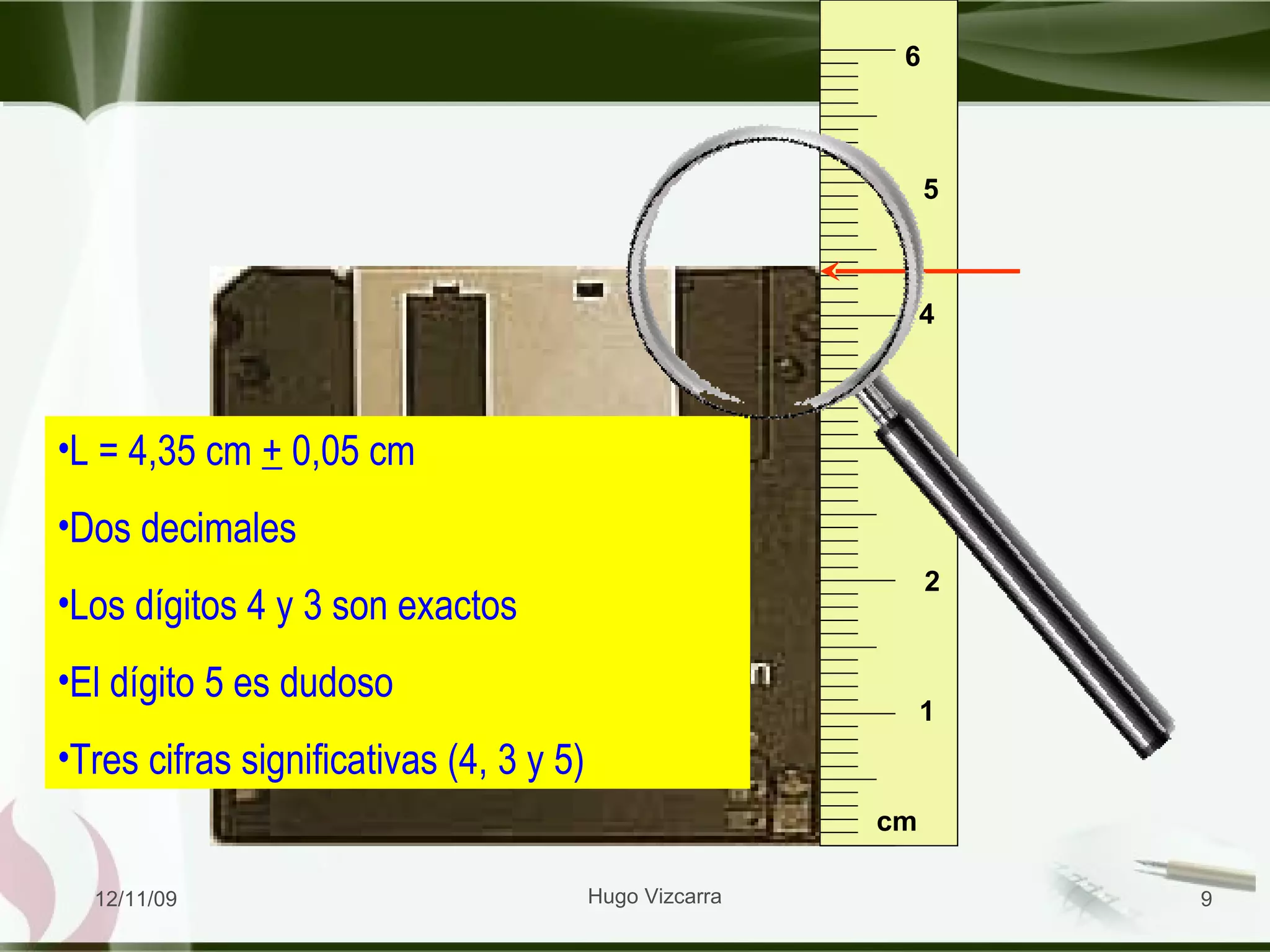 06/09/09 Hugo Vizcarra L = 4,35 cm  +  0,05 cm Dos decimales Los dígitos 4 y 3 son exactos El dígito 5 es dudoso  Tres cifras significativas (4, 3 y 5)  cm 5 4 3 2 1 6 