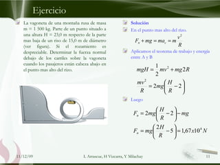 La vagoneta de una montaña rusa de masa m = 1 500 kg. Parte de un punto situado a una altura H = 23,0 m respecto de la parte mas baja de un riso de 15,0 m de diámetro (ver figura). Si el rozamiento es despreciable. Determinar la fuerza normal debajo de los carriles sobre la vagoneta cuando los pasajeros están cabeza abajo en el punto mas alto del rizo. Ejercicio Solución  En el punto mas alto del rizo. Aplicamos el teorema de trabajo y energía entre A y B Luego 09/06/09 L Arrascue, H Vizcarra, Y Milachay 