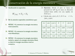 Analizando la expresión: De la anterior expresión concluimos que: WFNC > 0, entonces la energía mecánica total aumenta. WFNC < 0, entonces la energía mecánica total disminuye. WFNC = 0, entonces la energía mecánica inicial es igual a la energía mecánica final, es decir la energía mecánica total se conserva. Ejercicio . Desde el piso se lanza un proyectil de 4,00 kg de masa en dirección vertical hacia arriba con una rapidez de 29,43 m/s.  a)  Calcule  y(m ),  v y (m/s) ,  K ,  U ,  K+U  en  t = 0 s, 2,00 s y 4,00 s   Conservación de la energía mecánica 09/06/09 L Arrascue, H Vizcarra, Y Milachay t(s) y(m) v y (m/s) K U K+U 0,00 0,00 29,4 1729 0,00 1,73x10 3 2,00 39,2 9,81 192 1538 1,73x10 3 4,00 39,2 -9,81 192 1538 1,73x10 3 