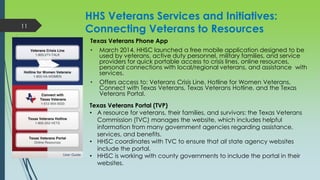 Texas Veterans Phone App
• March 2014, HHSC launched a free mobile application designed to be
used by veterans, active duty personnel, military families, and service
providers for quick portable access to crisis lines, online resources,
personal connections with local/regional veterans, and assistance with
services.
• Offers access to: Veterans Crisis Line, Hotline for Women Veterans,
Connect with Texas Veterans, Texas Veterans Hotline, and the Texas
Veterans Portal.
Texas Veterans Portal (TVP)
• A resource for veterans, their families, and survivors: the Texas Veterans
Commission (TVC) manages the website, which includes helpful
information from many government agencies regarding assistance,
services, and benefits.
• HHSC coordinates with TVC to ensure that all state agency websites
include the portal.
• HHSC is working with county governments to include the portal in their
websites.
HHS Veterans Services and Initiatives:
Connecting Veterans to Resources11
 