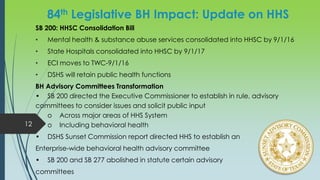 84th Legislative BH Impact: Update on HHS
SB 200: HHSC Consolidation Bill
• Mental health & substance abuse services consolidated into HHSC by 9/1/16
• State Hospitals consolidated into HHSC by 9/1/17
• ECI moves to TWC-9/1/16
• DSHS will retain public health functions
BH Advisory Committees Transformation
• SB 200 directed the Executive Commissioner to establish in rule, advisory
committees to consider issues and solicit public input
o Across major areas of HHS System
o Including behavioral health
• DSHS Sunset Commission report directed HHS to establish an
Enterprise-wide behavioral health advisory committee
• SB 200 and SB 277 abolished in statute certain advisory
committees
12
 
