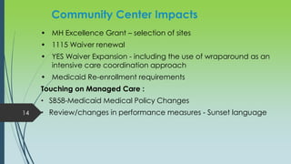 • MH Excellence Grant – selection of sites
• 1115 Waiver renewal
• YES Waiver Expansion - including the use of wraparound as an
intensive care coordination approach
• Medicaid Re-enrollment requirements
Touching on Managed Care :
• SB58-Medicaid Medical Policy Changes
• Review/changes in performance measures - Sunset language14
Community Center Impacts
 