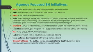 Agency Focused BH Initiatives:
• DFPS: CANS Assessment, staffing, improved agency collaboration
• DARS: MHFA-more than 1000 trained, awareness and relations
• DADS: Crisis Services Implementation
• DSHS: MH Campaign, MHFA, 84th Session - $200 Million, NorthSTAR transition, Performance
Measures; New Co-occurring MH/Substance Abuse Planning federal grant; new early
childhood grant focused on social-emotional development strategies
• Medicaid: MDCD Medical Policy,SB58,MH Excellence Grant, Re-Enrollment, Peer Services
• Social Services: Refugee Program , 211 Support and enhancements, CRCG- MH training
• TEA: USAC Group, MHFA, MH Campaign
• TJJD: Data Project, MHFA, troubleshoot, webinars, training
• Texas Veterans Commission: Staff Training, Veteran Grant
• University of Texas - The Institute for Excellence in Mental Health: System of Care
Framework implementation for children’s mental health
5
 