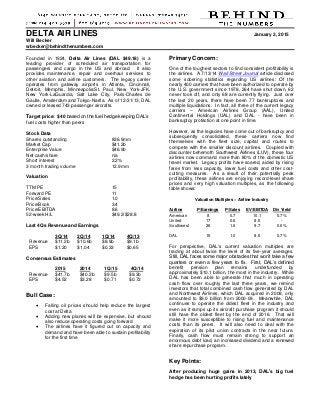 DELTA AIR LINES January 2, 2015
Will Becker
wbecker@behindthenumbers.com
Founded in 1924, Delta Air Lines (DAL $49.18) is a
leading provider of scheduled air transportation for
passengers and cargo in the US and abroad. It also
provides maintenance, repair and overhaul services to
other aviation and airline customers. The legacy carrier
operates from gateway airports in Atlanta, Cincinnati,
Detroit, Memphis, Minneapolis/St. Paul, New York-JFK,
New York-LaGuardia, Salt Lake City, Paris-Charles de
Gaulle, Amsterdam and Tokyo-Narita. As of 12/31/13, DAL
owned or leased 743 passenger aircrafts.
Target price: $40 based on the fuel hedge keeping DAL’s
fuel costs higher than peers
Stock Data
Shares outstanding 836.9mm
Market Cap $41.2b
Enterprise Value $46.9b
Net cash/share n/a
Short interest 2.2%
3 month trading volume 12.9mm
Valuation
TTM PE 15
Forward PE 11
Price/Sales 1.0
Price/Book 3.4
Price/EBITDA 8.6
52-week H/L $49.2/$28.8
Last 4Qs Revenue and Earnings
3Q/14 2Q/14 1Q/14 4Q/13
Revenue $11.2b $10.6b $8.9b $9.1b
EPS $1.20 $1.04 $0.33 $0.65
Consensus Estimates
2015 2014 1Q/15 4Q/14
Revenue $41.7b $40.2b $9.5b $9.3b
EPS $4.52 $3.28 $0.71 $0.72
Bull Case:
 Falling oil prices should help reduce the largest
cost at Delta
 Adding new planes will be expensive, but should
also reduce operating costs going forward
 The airlines have it figured out on capacity and
demand and have been able to sustain profitability
for the first time
Primary Concern:
One of the toughest sectors to find consistent profitability is
the airlines. A 7/13/14 Wall Street Journal article disclosed
some sobering statistics regarding US airlines: Of the
nearly 400 carriers that have been authorized to operate by
the U.S. government since 1978, 264 have shut down, 62
never took off, and only 68 are currently flying. Just over
the last 20 years, there have been 77 bankruptcies and
multiple liquidations. In fact, all three of the current legacy
carriers – American Airlines Group (AAL), United
Continental Holdings (UAL) and DAL - have been in
bankruptcy protection at one point in time.
However, as the legacies have come out of bankruptcy and
subsequently consolidated, these carriers now find
themselves with the fleet size, capital and routes to
compete with the smaller discount airlines. Coupled with
discounter behemoth Southwest Airlines (LUV), these four
airlines now command more than 80% of the domestic US
travel market. Legacy profits have soared, aided by rising
fares from less capacity, lower fuel costs and other cost-
cutting measures. As a result of their potentially peak
profitability, these airlines are enjoying record-level share
prices and very high valuation multiples, as the following
table shows:
Valuation Multiples – Airline Industry
Airline P/Earnings P/Sales EV/EBITDA Div Yield
American 8 0.7 10.1 0.7%
United 17 0.6 8.5 -
Southwest 26 1.6 9.7 0.6%
DAL 15 1.0 8.6 0.7%
For perspective, DAL's current valuation multiples are
trading at about twice the level of its five-year averages.
Still, DAL faces some major obstacles that won’t take a few
quarters or even a few years to fix. First, DAL’s defined
benefit pension plan remains underfunded by
approximately $10.1 billion, the most in the industry. While
DAL has been able to generate that much in operating
cash flow over roughly the last three years, we remind
investors that total combined cash flow generated by DAL
and Northwest Airlines, which DAL acquired in 2008, only
amounted to $9.0 billion from 2000-09. Meanwhile, DAL
continues to operate the oldest fleet in the industry and
even as it ramps up its aircraft purchase program it should
still have the oldest fleet by the end of 2016. That will
make it more susceptible to rising fuel and maintenance
costs than its peers. It will also need to deal with the
expiration of its pilot union contracts in the near future.
Finally, cash flow must remain strong to support an
enormous debt load, an increased dividend and a renewed
share repurchase program.
Key Points:
After producing huge gains in 2013, DAL’s big fuel
hedge has been hurting profits lately
 