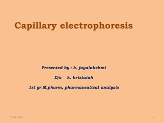 Capillary electrophoresis
Presented by : k. jayalakshmi
D/o k. kristaiah
1st yr M.pharm, pharmaceutical analysis
17-06-2020 1
 