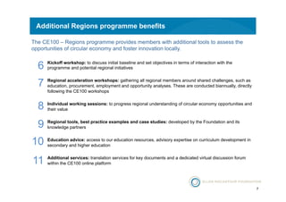 7 
Additional Regions programme benefits 
The CE100 – Regions programme provides members with additional tools to assess the 
opportunities of circular economy and foster innovation locally. 
6 
7 
8 
9 
10 
11 
Kickoff workshop: to discuss initial baseline and set objectives in terms of interaction with the 
programme and potential regional initiatives 
Regional acceleration workshops: gathering all regional members around shared challenges, such as 
education, procurement, employment and opportunity analyses. These are conducted biannually, directly 
following the CE100 workshops 
Individual working sessions: to progress regional understanding of circular economy opportunities and 
their value 
Regional tools, best practice examples and case studies: developed by the Foundation and its 
knowledge partners 
Education advice: access to our education resources, advisory expertise on curriculum development in 
secondary and higher education 
Additional services: translation services for key documents and a dedicated virtual discussion forum 
within the CE100 online platform 
 