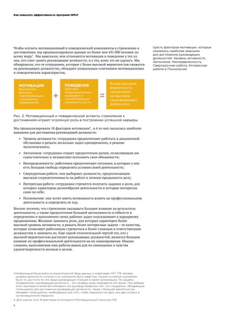 Как повысить эффективность программ HiPo?
6
Чтобы изучить мотивационный и поведенческий компоненты в стремлении к
достижениям, мы проанализировали данные по более чем 431 000 человек по
всему миру3
. Мы выяснили, чем отличаются мотивация и поведение у тех из
них, кто смог занять руководящие должности, и у тех, кому это не удалось. Мы
обнаружили, что те сотрудники, которые с более высокой вероятностью окажутся
на руководящих должностях, обладают уникальным сочетанием мотивационных
и поведенческих характеристик.
Рис. 2: Мотивационный и поведенческий аспекты стремления к
достижениям играют огромную роль в построении успешной карьеры
Мы проанализировали 18 факторов мотивации4
, и 6 из них оказались наиболее
важными для достижения руководящей должности:
•	 Уровень активности: сотрудники предпочитают работать в динамичной
обстановке и решать несколько задач одновременно, в режиме
мультитаскинга;
•	 Автономия: сотрудники отдают предпочтение ролям, позволяющим им
самостоятельно и независимо исполнять свои обязанности;
•	 Неопределенность: работники предпочитают ситуации, в которых у них
есть большая свобода определять условия своей деятельности;
•	 Сверхурочная работа: они выбирают должности, предполагающие
высокую сосредоточенность на работе и личную преданность делу;
•	 Интересная работа: сотрудники стремятся получить задания и роли, для
которых характерны разнообразие деятельности и которые интересны
сами по себе;
•	 Полномочия: они хотят иметь возможность влиять на профессиональную
деятельность и определять ее ход.
Вполне логично, что стремление оказывать большее влияние на результаты
деятельности, а также предпочтение большей автономности и гибкости в
определении и выполнении своих рабочих задач подталкивают к карьерному
продвижению. Желание занимать роли, для которых характерен более
высокий уровень активности, и решать более интересные задачи – те качества,
которые позволяют работникам стремиться к более сложным и ответственным
должностям и занимать их. Еще одной отличительной чертой тех, кто с
высокой вероятностью достигнет руководящих должностей, является большое
влияние их профессиональной деятельности на их самоощущение. Иными
словами, выполняемая ими работы важна для их самооценки и чувства
удовлетворенности жизнью в целом.
3	Информация была взята из аналитической базы данных и охватывает 437 778 человек,
уровень должности которых в их компаниях были известны. Нашим основным критерием
было то, достигли ли эти люди руководящих позиций в своей организации. По нашему
определению, руководящая должность – это уровень вице-президента или выше. При выборе
этого критерия в качестве ключевого мы руководствовались тем, что сотрудники, обладающие
потенциалом для достижения руководящей должности, также с большей вероятностью
обладают потенциалом, необходимым для того, чтобы подняться на одну или две ступени в
организационной иерархии.
4	Для оценки этих 18 факторов используется Мотивационный опросник MQ.
МОТИВАЦИЯ
Внутренние
факторы,
подталкивающие
к карьерному
продвижению
ПОВЕДЕНИЕ
Действия,
предпринимаемые
индивидом и
способствующие
карьерному росту
Более высокая
вероятность
назначения
на высокие
(руководящие)
должности
Шесть факторов мотивации, которые
оказались наиболее важными
для достижения руководящих
должностей: Уровень активности,
Автономия, Неопределенность,
Сверхурочная работа, Интересная
работа и Полномочия
 