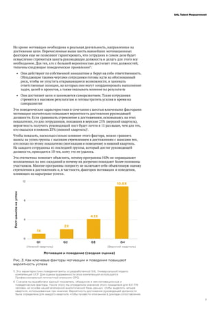 7
SHL Talent Measurement
Но кроме мотивации необходима и реальная деятельность, направленная на
достижение цели. Перечисленные выше шесть важнейших мотивационных
факторов еще не позволяют гарантировать, что сотрудник в самом деле будет
осмысленно стремиться занять руководящую должность и делать для этого все
необходимое. Для тех, кто с большей вероятностью достигает этих должностей,
типичны следующие поведенческие проявления5
:
•	 Они действуют по собственной инициативе и берут на себя ответственность.
Обладающие такими чертами сотрудники готовы идти на обоснованный
риск, чтобы не упустить открывающиеся возможности, и занимать
ответственные позиции, на которых они могут координировать выполнение
задач, целей и проектов, а также оказывать влияние на результаты
•	 Они достигают цели и занимаются саморазвитием. Такие сотрудники
стремятся к высоким результатам и готовы тратить усилия и время на
саморазвитие
Эти поведенческие характеристики в сочетании с шестью ключевыми факторами
мотивации значительно повышают вероятность достижения руководящей
должности. Если сравнивать стремление к достижениям, основываясь на этих
показателях, то для сотрудников, попавших в верхние 25% (верхний квартиль),
вероятность получить руководящий пост будет почти в 11 раз выше, чем для тех,
кто оказался в нижних 25% (нижний квартиль)6
.
Чтобы показать, насколько сильно влияние этого фактора, можно сравнить
шансы на успех группы с высоким стремлением к достижениям с шансами тех,
кто попал по этому показателю (мотивация и поведение) в нижний квартиль.
На каждого сотрудника из последней группы, который достиг руководящей
должности, приходится 10 тех, кому это не удалось.
Эта статистика помогает объяснить, почему программы HiPo не оправдывают
возложенных на них ожиданий и почему их досрочно покидают более половины
участников. Многие программы попросту не включают себя объективную оценку
стремления к достижениям и, в частности, факторов мотивации и поведения,
влияющих на карьерные успехи.
Рис. 3: Как ключевые факторы мотивации и поведения повышают
вероятность успеха
5	 Эти характеристики поведения взяты из разработанной SHL Универсальной модели
компетенций UCF. Для оценки выраженности этих компетенций используется
Профессиональный личностный опросник OPQ.
6	 Сначала мы выработали единый показатель, объединив в нем мотивационные и
поведенческие факторы. После этого мы определили значение этого показателя для 431 778
человек на основе нашей всемирной аналитической базы данных, чтобы выделить четыре
квартиля, использованные при анализе. Вероятность достижения руководящей должности
была определена для каждого квартиля, чтобы провести описанное в докладе сопоставление.
 