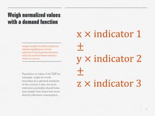 13|
Weigh normalized values
with a demand function
Population or value of its GDP, for
example, might be worth
including as a general measure
of the country’s size, but such
indicators probably should have
less weight than those that more
directly influence consumption.
assign weights by determining the
relative significance of each
indicator to the business decision;
add and subtract these values to
arrive at a score
x × indicator 1
±
y × indicator 2
±
z × indicator 3
 