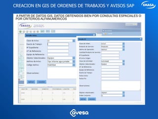 CREACION EN GIS DE ORDENES DE TRABAJOS Y AVISOS SAP

 A PARTIR DE DATOS GIS, DATOS OBTENIDOS BIEN POR CONSULTAS ESPACIALES O
 POR CRITERIOS ALFANUMERICOS
 