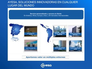 AYESA, SOLUCIONES INNOVADORAS EN CUALQUIER
LUGAR DEL MUNDO

                 Servicio personalizado y cercano al cliente:
         En América, África, Europa y Asia, y 26 mercados internacionales




              Ayesa Tecnología                       Ayesa Tecnología       Ayesa Tecnología
                  SADIEL
                                                         PANAMÁ                 MÉXICO




            Ayesa Tecnología SDS                     Ayesa Tecnología       Ayesa Tecnología
                                                          CHILE                  PERÚ




           Aportamos valor en múltiples entornos
 