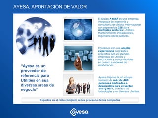AYESA, APORTACIÓN DE VALOR

                                                       El Grupo AYESA es una empresa
                                                       integrada de ingeniería y
                                                       consultoría de ámbito internacional
                                                       con experiencia GIS para
                                                       múltiples sectores: Utilities,
                                                       Mantenimiento Instalaciones,
                                                       Ingeniería obras publicas.



                                                       Contamos con una amplia
                                                       experiencia en grandes
                                                       proyectos GIS en grandes
                                                       empresas de Utilities y
                                                       electricidad y somos flexibles
                                                       en cuanto a modelos de
  “Ayesa es un                                         colaboración

  proveedor de
  referencia para                                       Ayesa dispone de un equipo
  Utilities en sus                                      humano de más de 400
                                                        personas dedicadas a
  diversas áreas de                                     desarrollos para el sector
                                                        energético, en todas las
  negocio”                                              tecnologías y en diversos clientes.


           Expertos en el ciclo completo de los procesos de las compañías
 