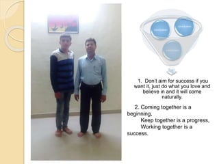 1. Don’t aim for success if you
want it, just do what you love and
believe in and it will come
naturally.
conclusion
conclusion
conclusion
2. Coming together is a
beginning,
Keep together is a progress,
Working together is a
success.
 