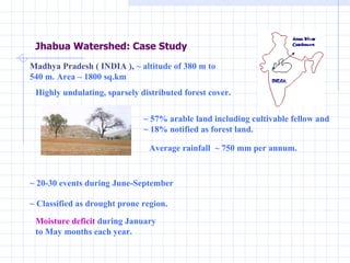 Jhabua Watershed: Case Study  Madhya Pradesh ( INDIA ),  ~ altitude of 380 m to 540 m. Area – 1800 sq.km Highly undulating, sparsely distributed forest cover.  ~ 57% arable land including cultivable fellow and  ~ 18% notified as forest land. Average rainfall  ~ 750 mm per annum.  ~ 20-30 events during June-September ~ Classified as drought prone region. Moisture deficit  during January  to May months each year. 