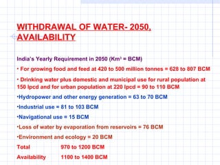 WITHDRAWAL OF WATER- 2050, AVAILABILITY India’s Yearly Requirement in 2050 (Km 3  = BCM) For growing food and feed at 420 to 500 million tonnes = 628 to 807 BCM Drinking water plus domestic and municipal use for rural population at 150 lpcd and for urban population at 220 lpcd = 90 to 110 BCM Hydropower and other energy generation = 63 to 70 BCM Industrial use = 81 to 103 BCM Navigational use = 15 BCM Loss of water by evaporation from reservoirs = 76 BCM Environment and ecology = 20 BCM Total 970 to 1200 BCM Availability 1100 to 1400 BCM 