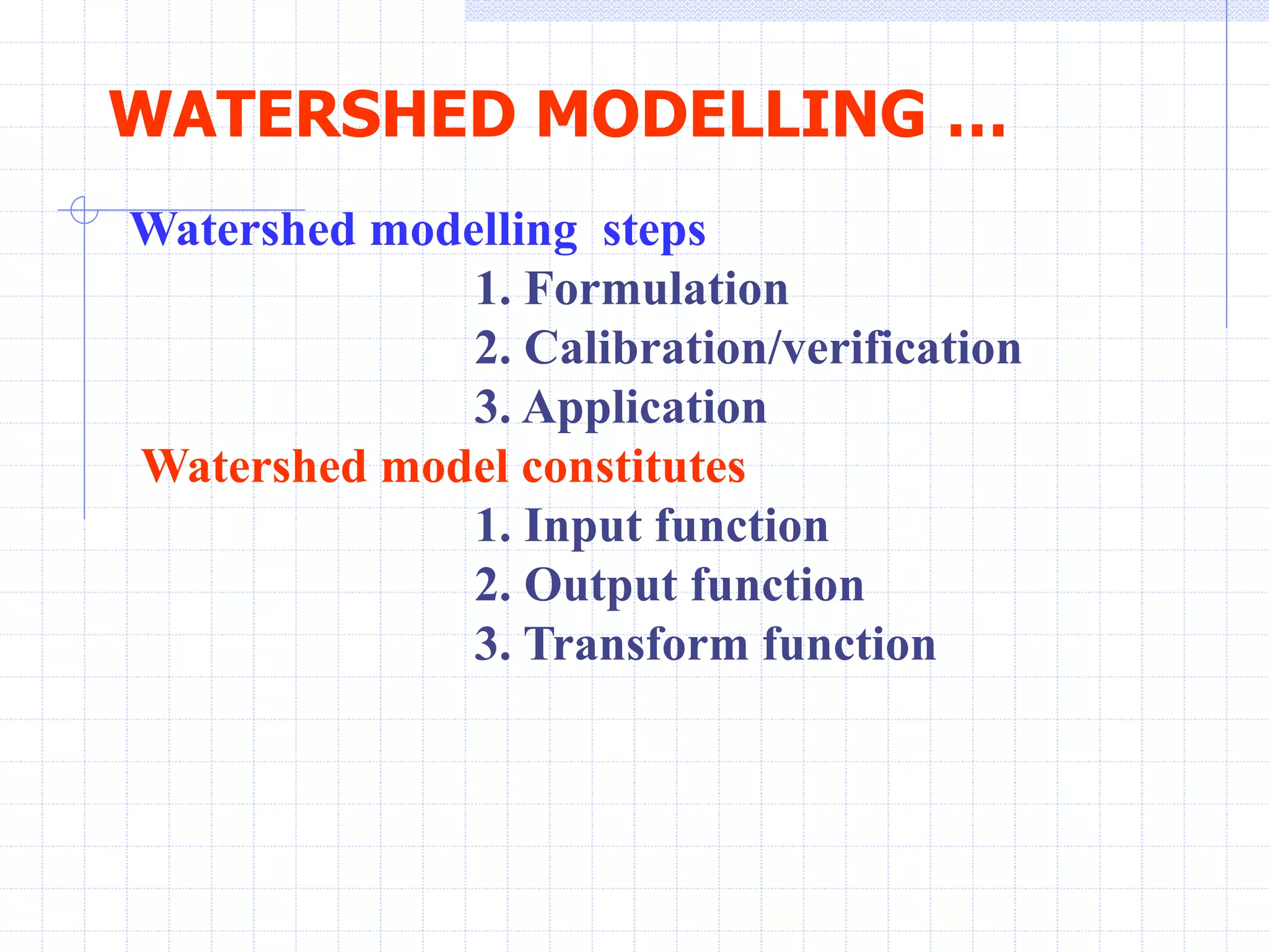 WATERSHED MODELLING …
Watershed modelling steps
1. Formulation
2. Calibration/verification
3. Application
Watershed model constitutes
1. Input function
2. Output function
3. Transform function
 
