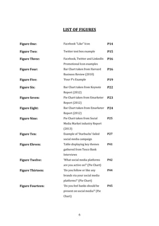 6
LIST OF FIGURES
Figure One: Facebook “Like” Icon P14
Figure Two: Twitter text box example P15
Figure Three: Facebook, Twitter and LinkedIn
Promotional Icon examples
P16
Figure Four: Bar Chart taken from Harvard
Business Review (2010)
P16
Figure Five: ‘Four P’s Example P19
Figure Six: Bar Chart taken from Keynote
Report (2012)
P22
Figure Seven: Pie Chart taken from Emarketer
Report (2012)
P23
Figure Eight: Bar Chart taken from Emarketer
Report (2012)
P24
Figure Nine: Pie Chart taken from Social
Media Market industry Report
(2013)
P25
Figure Ten: Example of ‘Starbucks’ failed
social media campaign
P27
Figure Eleven: Table displaying key themes
gathered from Tesco Bank
Interviews
P41
Figure Twelve: ‘What social media platforms
are you active on?’ (Pie Chart)
P42
Figure Thirteen: ‘Do you follow or like any
brands via your social media
platforms?’ (Pie Chart)
P44
Figure Fourteen: ‘Do you feel banks should be
present on social media?’ (Pie
Chart)
P45
 