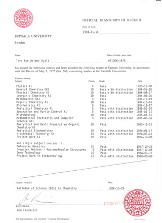 OFFICIAL TRANSCRIPT OF RECORD
Date of issue
1994-11-14
UPPSALA UNIVERSITY
Sweden
Name
TprdAke Helmer Hja.lt
Date of birth, pers code
631006-1475
has passed the following courses and been awarded the following degree at Uppsala University, in accordance
with the Decree of May 5, 1977 (No. 263) concerning studies at the Swedish Universities
Courses passed
Subject
Physics Kl
General Chemistry GK1
Physical Chemistry Kl
Inorganic Chemistry Kl
Mathematics GK1
Organic Chemistry Kl
Biochemistry Kl
Analytical Chemistry Kl
Separation and Purity Control Kl
Microbiology
Mathematical Statistics and Computer
Science GK1
Analytical and Basic Preparative Organic
Chemistry Kl
Analytical Biochemistry
Biochemical Technolgy Kl
Project Work Kl
and single subject courses in:
Molecular Genetics
Computer Methods - Macromolecular Structures
Gene Technology
Project Work in Biotechnology
Points Grade
5
10
10
10
5
10
5
5
5
10
5
10
10
10
20
10
5
10
10
Pass
Pass with
Pass with
Pass
Pass
Pass
Pass
Pass with
Pass with
Pass
Pass with
Pass
distinction
distinction
distinction
distinction
distinction
Pass with distinction
Pass with distinction
Pass
Pass
Pass with distinction
Pass
Pass with distinction
Date
1983'
1984-
1984.
1984.
1984
1984
1984
1985
1985
1985
1985
•11-30
•01-18
•04-27
-06-06
-10-19
-10-26
-11-27
-02-20
-02-31
-06-07
-08-30
1985-11-15
1986-01-17
1986-03-21
1986-10-03
1987-10-29
1987-12-04
1988-03-17
1988-09-09
Degree awarded
Bachelor of Science (BSc)in Chemistry
Date
1986-10-29
REGISTRAR
Ann Lindkvist
For explanations, see overleaf "General Information'
8888888888
 