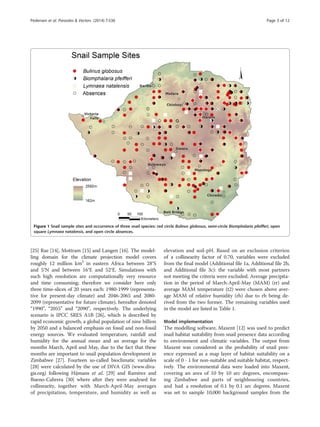 [25] Rae [14], Mottram [15] and Langen [16]. The model-
ling domain for the climate projection model covers
roughly 12 million km2
in eastern Africa between 28°S
and 5°N and between 16°E and 52°E. Simulations with
such high resolution are computationally very resource
and time consuming; therefore we consider here only
three time-slices of 20 years each: 1980-1999 (representa-
tive for present-day climate) and 2046-2065 and 2080-
2099 (representative for future climate), hereafter denoted
“1990”, “2055” and “2090”, respectively. The underlying
scenario is IPCC SRES A1B [26], which is described by
rapid economic growth, a global population of nine billion
by 2050 and a balanced emphasis on fossil and non-fossil
energy sources. We evaluated temperature, rainfall and
humidity for the annual mean and an average for the
months March, April and May, due to the fact that these
months are important to snail population development in
Zimbabwe [27]. Fourteen so-called bioclimatic variables
[28] were calculated by the use of DIVA GIS (www.diva-
gis.org) following Hijmans et al. [29] and Ramírez and
Bueno-Cabrera [30] where after they were analysed for
collinearity, together with March-April-May averages
of precipitation, temperature, and humidity as well as
elevation and soil-pH. Based on an exclusion criterion
of a collinearity factor of 0.70, variables were excluded
from the final model (Additional file 1a, Additional file 2b,
and Additional file 3c): the variable with most partners
not meeting the criteria were excluded. Average precipita-
tion in the period of March-April-May (MAM) (rr) and
average MAM temperature (t2) were chosen above aver-
age MAM of relative humidity (rh) due to rh being de-
rived from the two former. The remaining variables used
in the model are listed in Table 1.
Model implementation
The modelling software, Maxent [12] was used to predict
snail habitat suitability from snail presence data according
to environment and climatic variables. The output from
Maxent was considered as the probability of snail pres-
ence expressed as a map layer of habitat suitability on a
scale of 0 - 1 for non-suitable and suitable habitat, respect-
ively. The environmental data were loaded into Maxent,
covering an area of 10 by 10 arc degrees, encompass-
ing Zimbabwe and parts of neighbouring countries,
and had a resolution of 0.1 by 0.1 arc degrees. Maxent
was set to sample 10,000 background samples from the
Figure 1 Snail sample sites and occurrence of three snail species: red circle Bulinus globosus, semi-circle Biomphalaria pfeifferi, open
square Lymnaea natalensis, and open circle absences.
Pedersen et al. Parasites & Vectors (2014) 7:536 Page 3 of 12
 