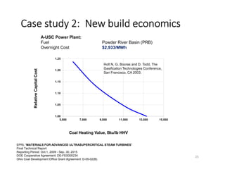Case study 2: New build economics
A-USC Power Plant:
Fuel Powder River Basin (PRB)
Overnight Cost $2,933/MWh
1.00
1.05
1.10
1.15
1.20
1.25
5,000 7,000 9,000 11,000 13,000 15,000
RelativeCapitalCost
Coal Heating Value, Btu/lb HHV
EPRI, “MATERIALS FOR ADVANCED ULTRASUPERCRITICAL STEAM TURBINES”
Final Technical Report
Reporting Period: Oct.1, 2009 - Sep. 30, 2015
DOE Cooperative Agreement: DE-FE0000234
Ohio Coal Development Office Grant Agreement: D-05-02(B)
Holt N, G. Booras and D. Todd, The
Gasification Technologies Conference,
San Francisco, CA 2003.
25
 