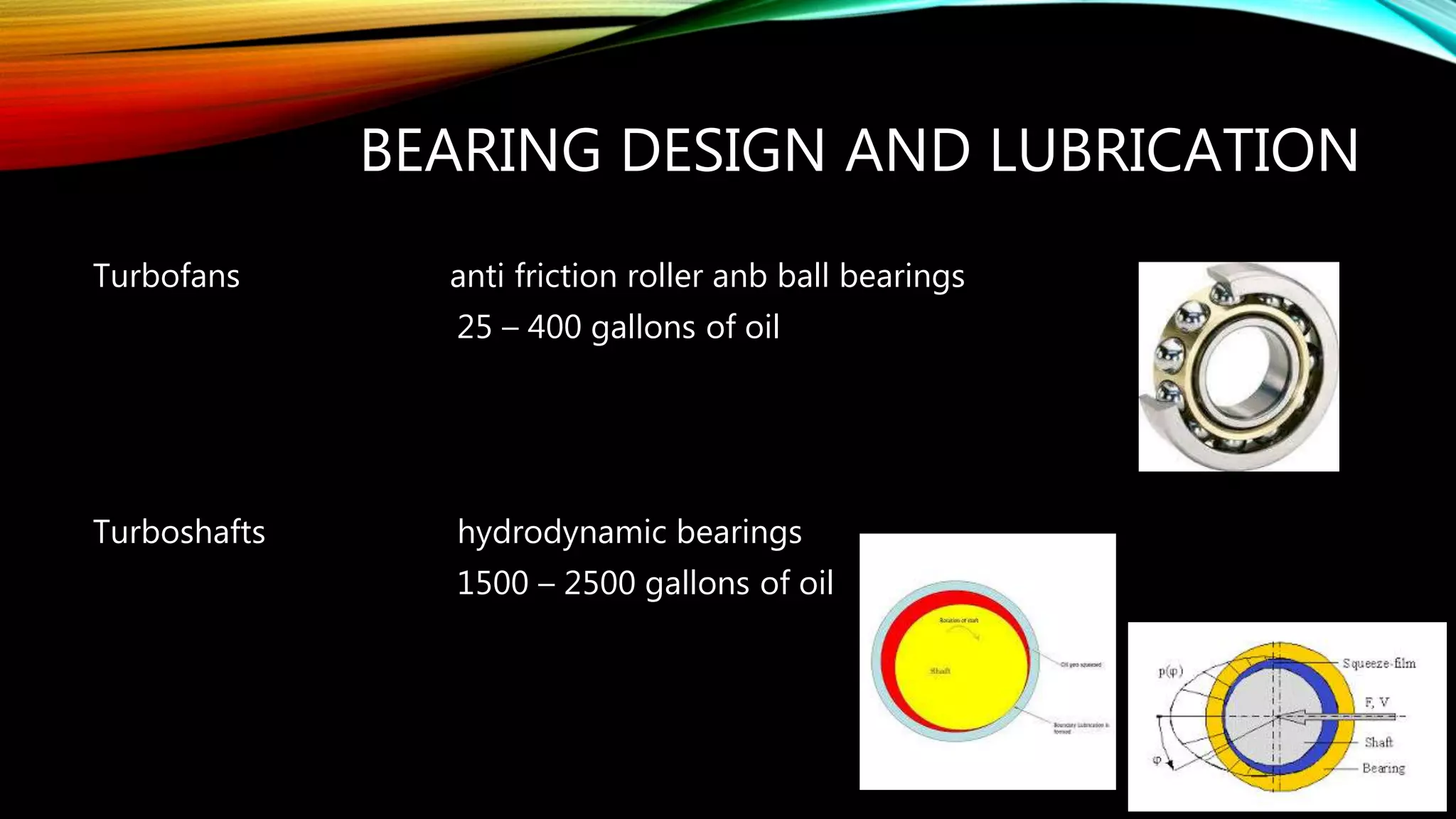 BEARING DESIGN AND LUBRICATION
Turbofans anti friction roller anb ball bearings
25 – 400 gallons of oil
Turboshafts hydrodynamic bearings
1500 – 2500 gallons of oil
 