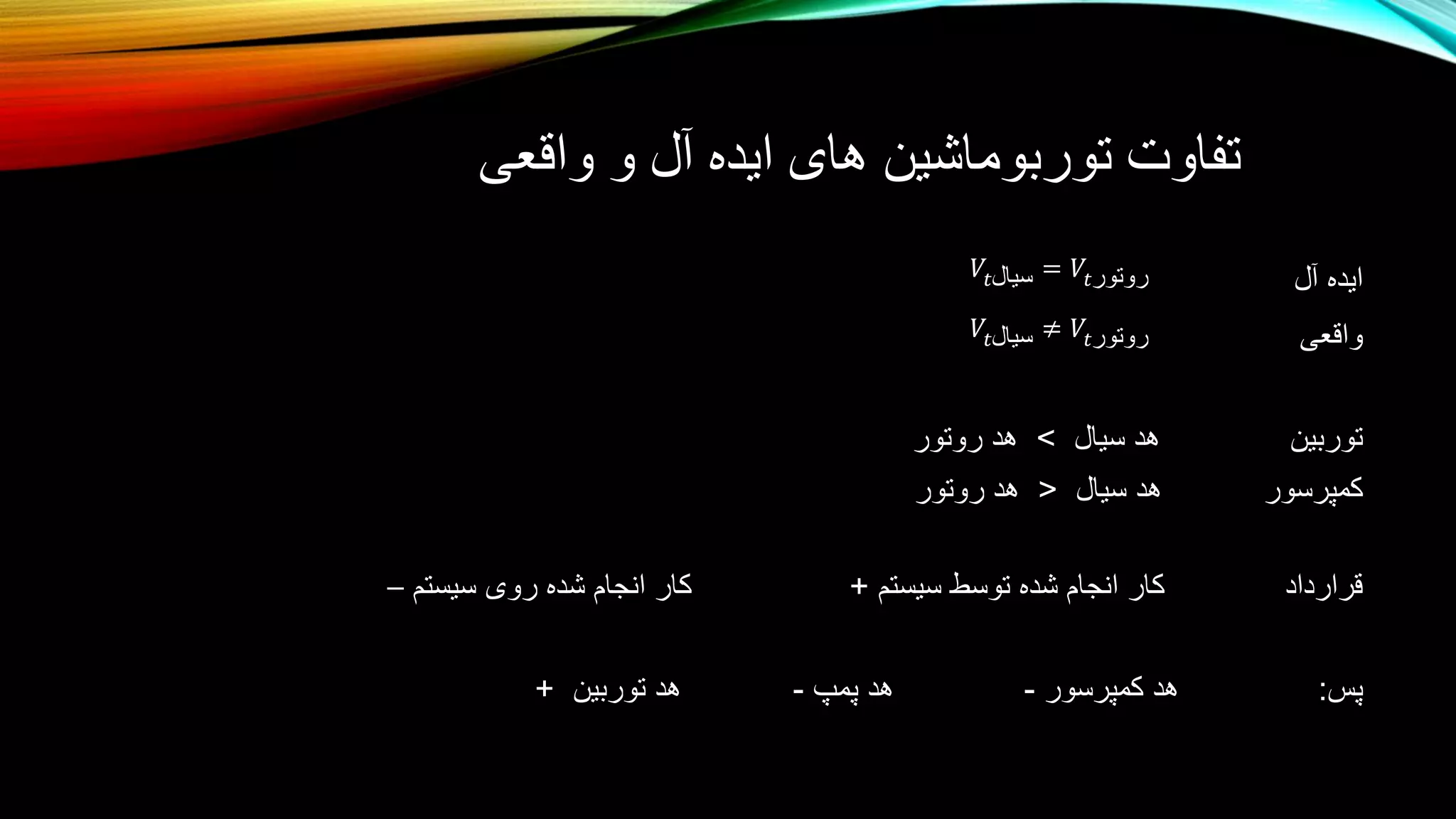 ‫واقعی‬ ‫و‬ ‫آل‬ ‫ایده‬ ‫های‬ ‫توربوماشین‬ ‫تفاوت‬
‫آل‬ ‫ایده‬
‫واقعی‬
‫سیال‬ ‫هد‬ ‫توربین‬>‫روتور‬ ‫هد‬
‫سیال‬ ‫هد‬ ‫کمپرسور‬<‫روتور‬ ‫هد‬
‫سیستم‬ ‫توسط‬ ‫شده‬ ‫انجام‬ ‫کار‬ ‫قرارداد‬+‫سیستم‬ ‫روی‬ ‫شده‬ ‫انجام‬ ‫کار‬–
‫پس‬:‫کمپرسور‬ ‫هد‬-‫پمپ‬ ‫هد‬-‫توربین‬ ‫هد‬+
𝑉𝑡‫سیال‬ = 𝑉𝑡‫روتور‬
𝑉𝑡‫سیال‬ ≠ 𝑉𝑡‫روتور‬
 