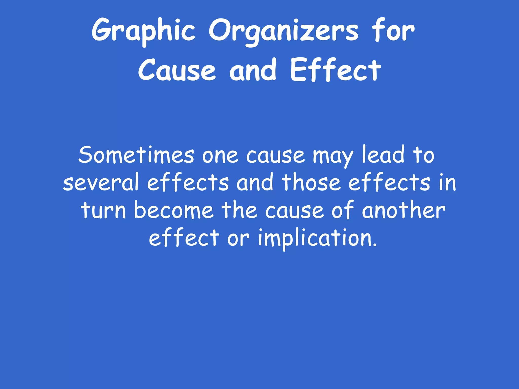 Graphic Organizers for  Cause and Effect Sometimes one cause may lead to  several effects and those effects in turn become the cause of another effect or implication. 