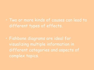 Two or more kinds of causes can lead to different types of effects. Fishbone diagrams are ideal for visualizing multiple information in different categories and aspects of complex topics. 