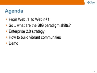 Agenda
•   From Web .1 to Web n+1
•   So .. what are the BIG paradigm shifts?
•   Enterprise 2.0 strategy
•   How to build vibrant communities
•   Demo




                                              2
 