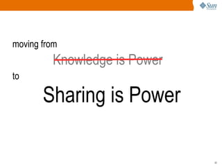 moving from
         Knowledge is Power
to

       Sharing is Power

                              20
 