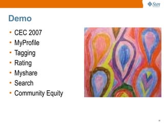 Demo
•   CEC 2007
•   MyProfile
•   Tagging
•   Rating
•   Myshare
•   Search
•   Community Equity


                       28
 