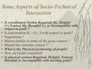 Some Aspects of Socio-Technical Interaction  Is coordinated rhythm Required (R), Helpful (+),Neutral (0), Harmful (-), or Incompatible with respect to goals ? Is conversation R, +,0,-, I with respect to goals? Negotiation ? Shared stimlus in terms of the gross context ? Shared fine stimulus context ? What is the Physical positioning of people? How are Goals controlled? Is physical contact Required, Helpful, Neutral, Harmful or Incompatible with meeting goals? 