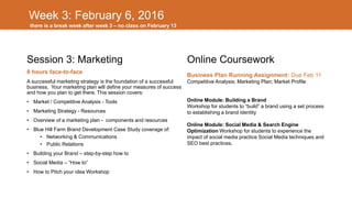 Week 3: February 6, 2016
Session 3: Marketing
8 hours face-to-face
A successful marketing strategy is the foundation of a successful
business. Your marketing plan will define your measures of success
and how you plan to get there. This session covers:
• Market / Competitive Analysis - Tools
• Marketing Strategy - Resources
• Overview of a marketing plan - components and resources
• Blue Hill Farm Brand Development Case Study coverage of:
• Networking & Communications
• Public Relations
• Building your Brand – step-by-step how to
• Social Media – “How to”
• How to Pitch your idea Workshop
Online Coursework
Business Plan Running Assignment: Due Feb 11
Competitive Analysis; Marketing Plan; Market Profile
Online Module: Building a Brand
Workshop for students to “build” a brand using a set process
to establishing a brand identity
Online Module: Social Media & Search Engine
Optimization Workshop for students to experience the
impact of social media practice Social Media techniques and
SEO best practices.
there is a break week after week 3 – no class on February 13
 