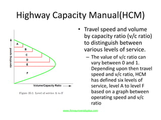 Highway Capacity Manual(HCM)
• Travel speed and volume
by capacity ratio (v/c ratio)
to distinguish between
various levels of service.
– The value of v/c ratio can
vary between 0 and 1.
Depending upon then travel
speed and v/c ratio, HCM
has defined six levels of
service, level A to level F
based on a graph between
operating speed and v/c
ratio
www.Annauniversityplus.com
 